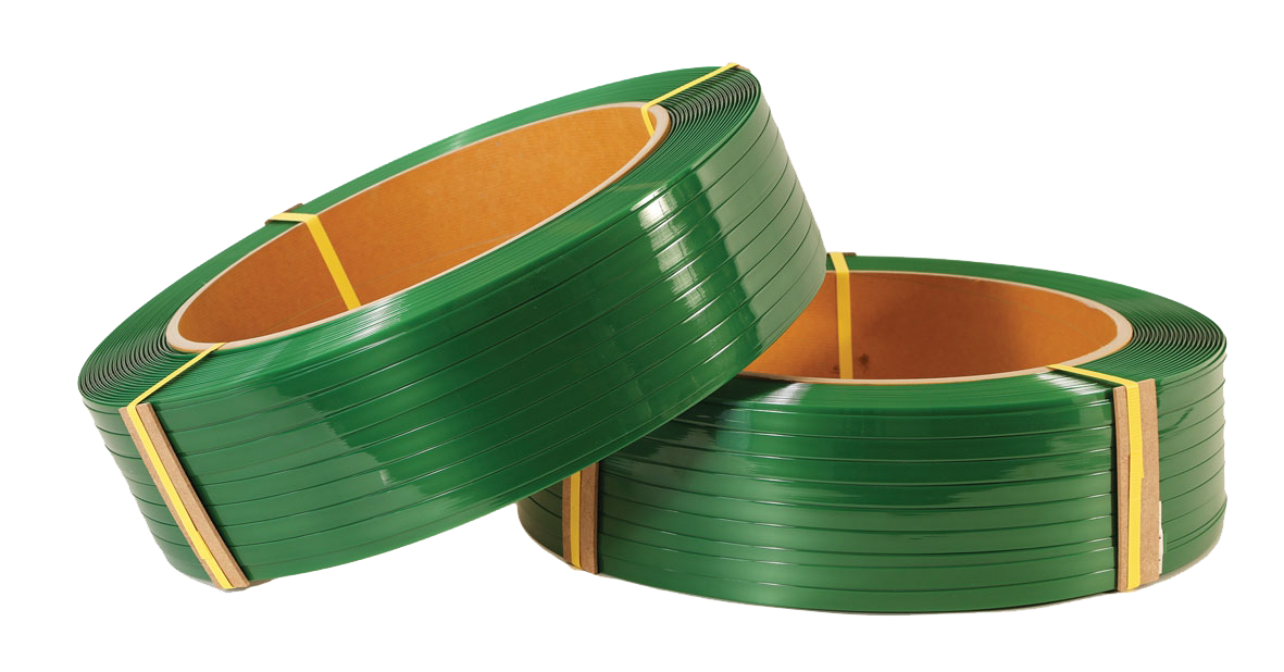 two coils of green polyester strapping on blank background