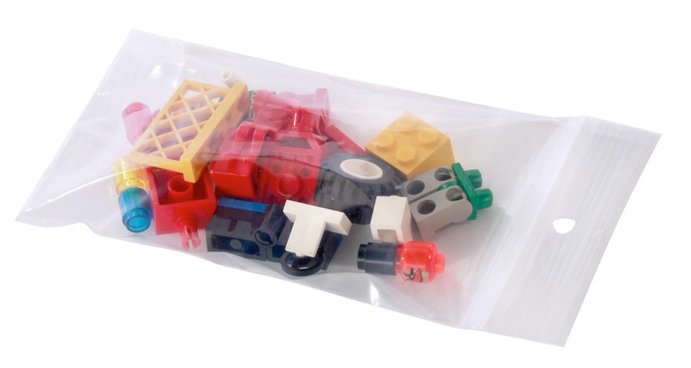 legos in a reclosable poly bag on a white background