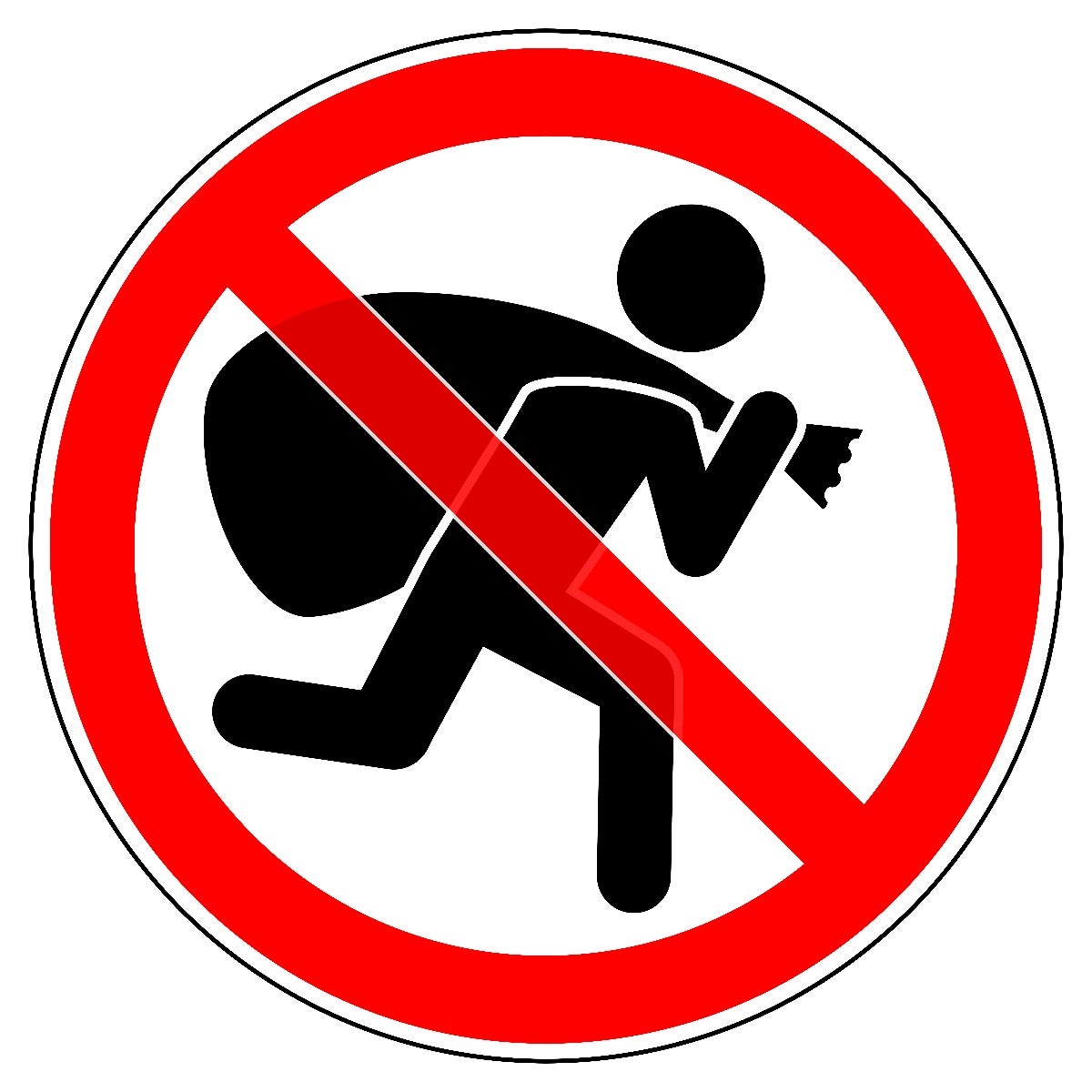 stick figure image of thief with bag over shoulder with red circle and slash through figure