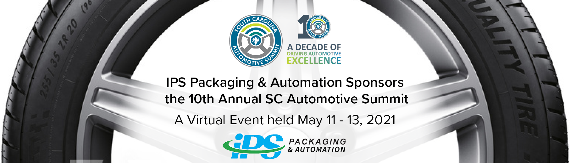 white background with tire surrounding text ips packaging & automation sponsors 10th annual SC automotive summit