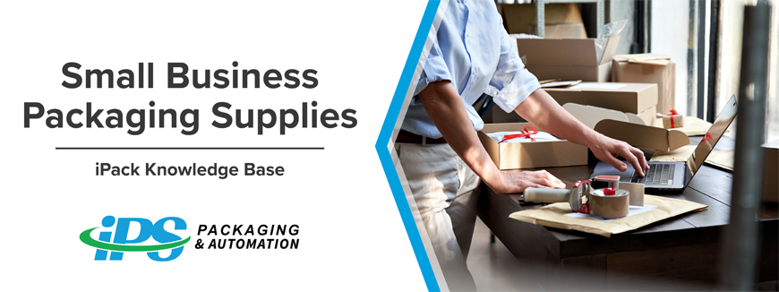 black text on white background says small business packaging supplies with image of man at computer on right with packaging tape and boxes